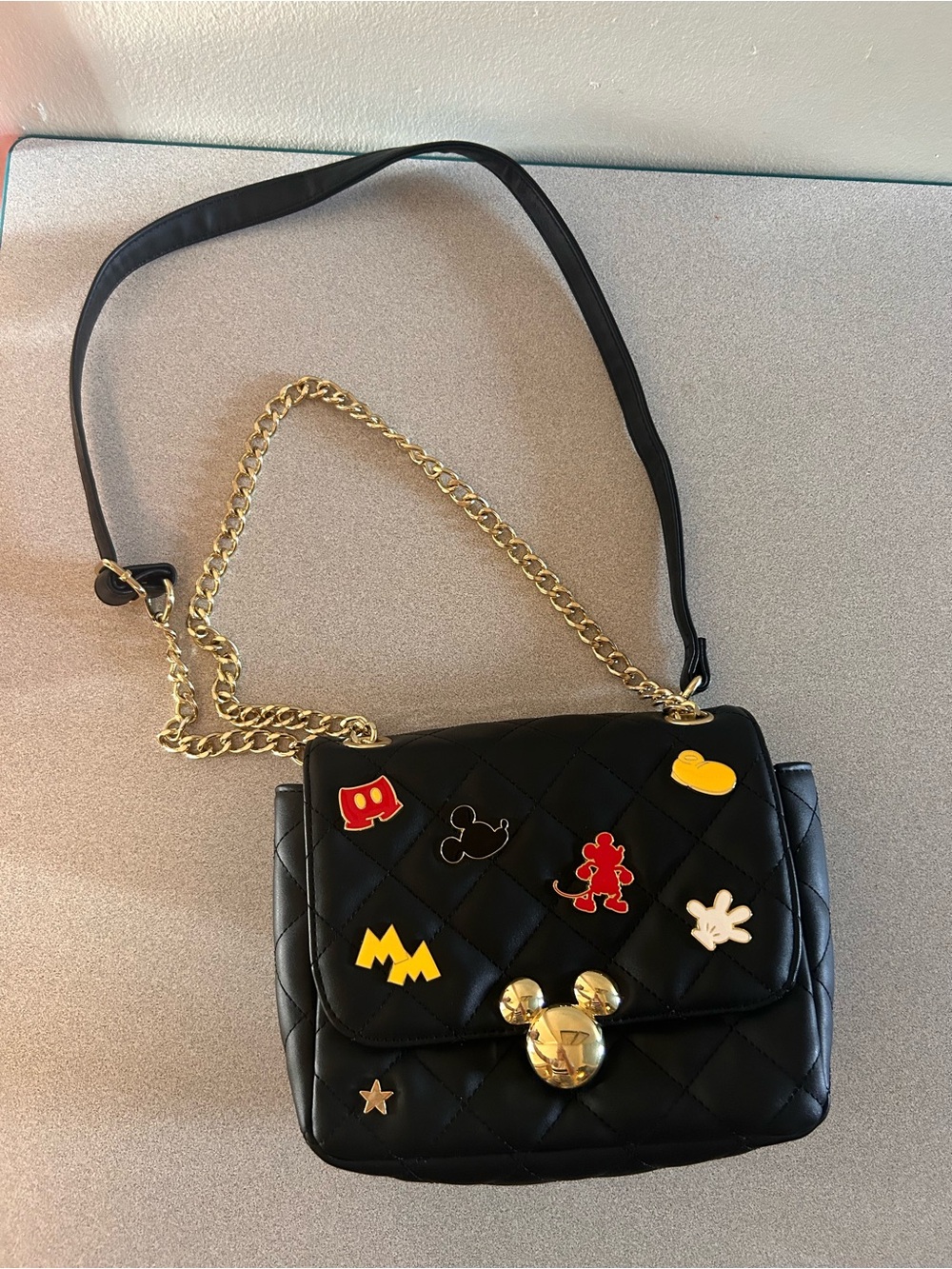 Loungefly Black Quilted Crossbody Bag with Gold Chain and Mickey  Pins